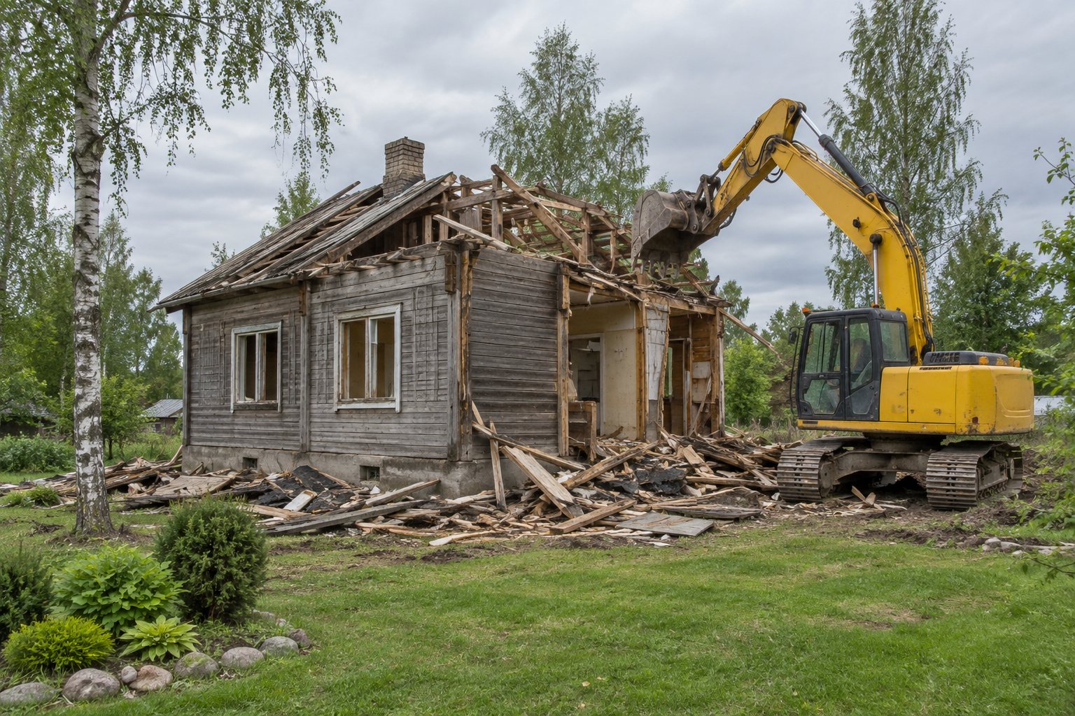 Демонтаж старого деревянного дома на загородном участке